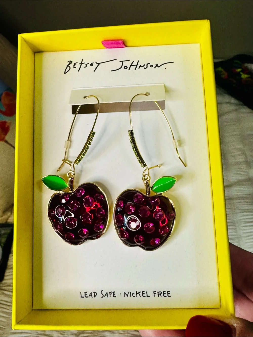 Betsey Johnson Pink Crystal Cherry Drop Earrings with Green Leaves